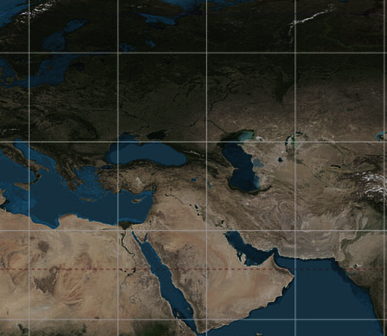 Coverage map from Dubai across the Middle East to Russia, with markers on Dubai, Moscow, Saint Petersburg and Kazan.